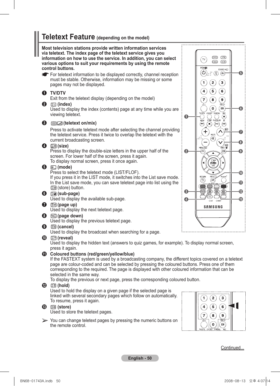 Teletext feature (depending on the model), Teletext feature | Samsung PS50A417C2D User Manual | Page 50 / 477