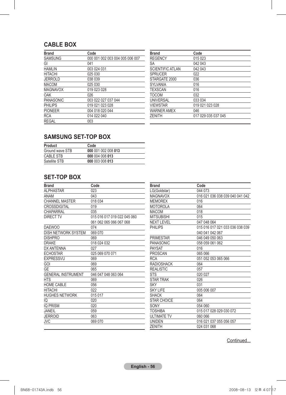 Cable box samsung set-top box, Set-top box | Samsung PS50A417C2D User Manual | Page 56 / 477