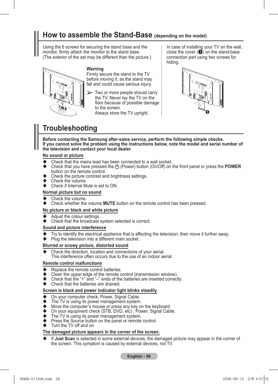 Troubleshooting, How to assemble the stand-base | Samsung PS50A417C2D User Manual | Page 58 / 477