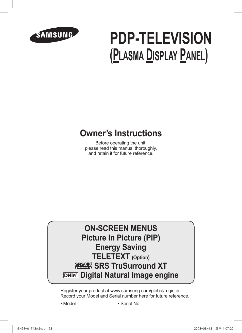 Pdp-television (p, Lasma, Isplay | Anel | Samsung PS50A417C2D User Manual | Page 63 / 477
