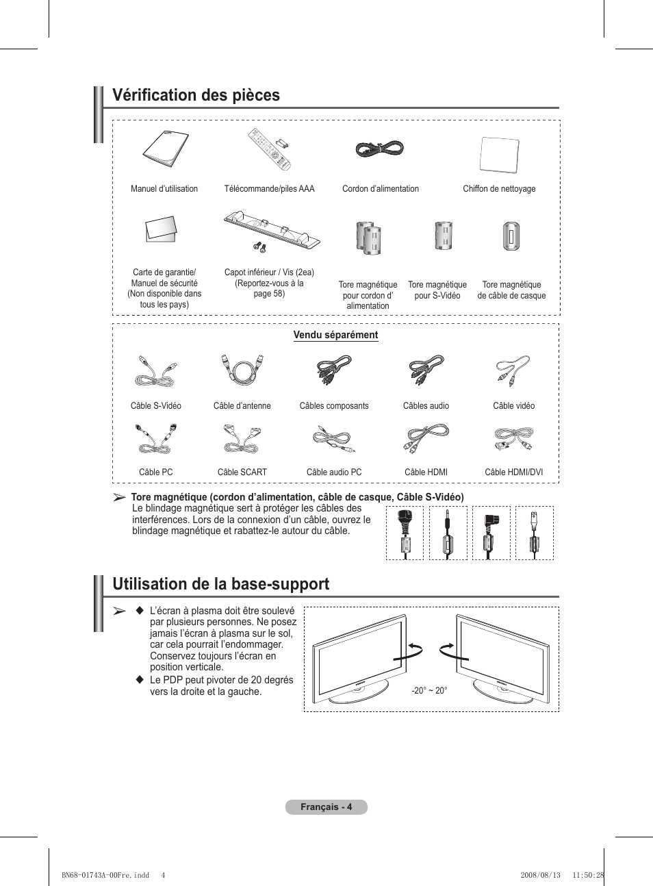 Vérification des pièces, Utilisation de la base-support | Samsung PS50A417C2D User Manual | Page 66 / 477