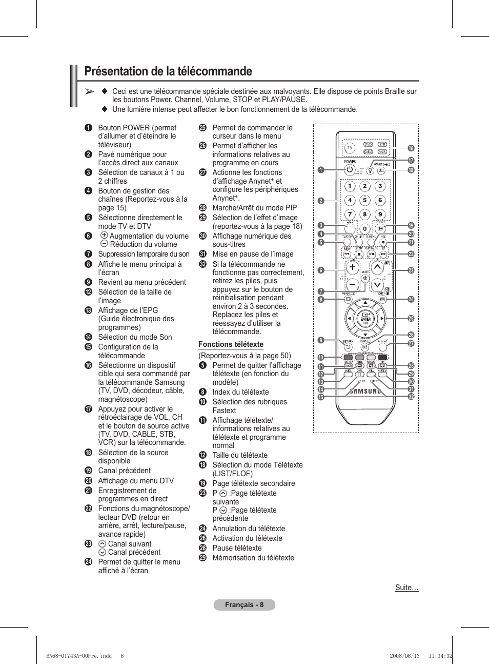 Présentation de la télécommande | Samsung PS50A417C2D User Manual | Page 70 / 477