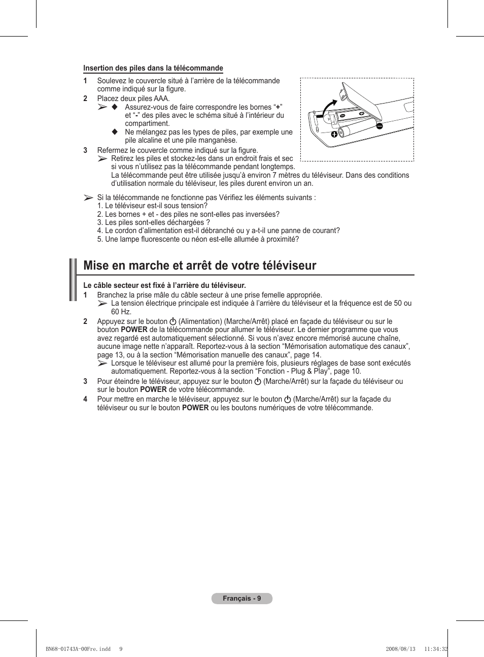 Mise en marche et arrêt de votre téléviseur | Samsung PS50A417C2D User Manual | Page 71 / 477