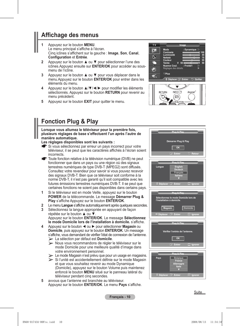 Affichage des menus, Fonction plug & play | Samsung PS50A417C2D User Manual | Page 72 / 477