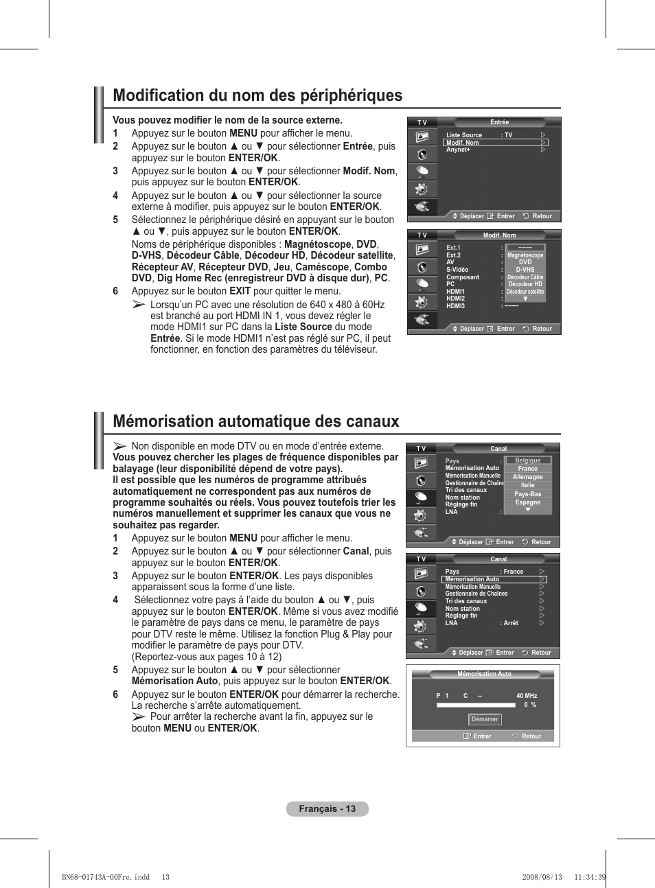 Modification du nom des périphériques, Mémorisation automatique des canaux | Samsung PS50A417C2D User Manual | Page 75 / 477