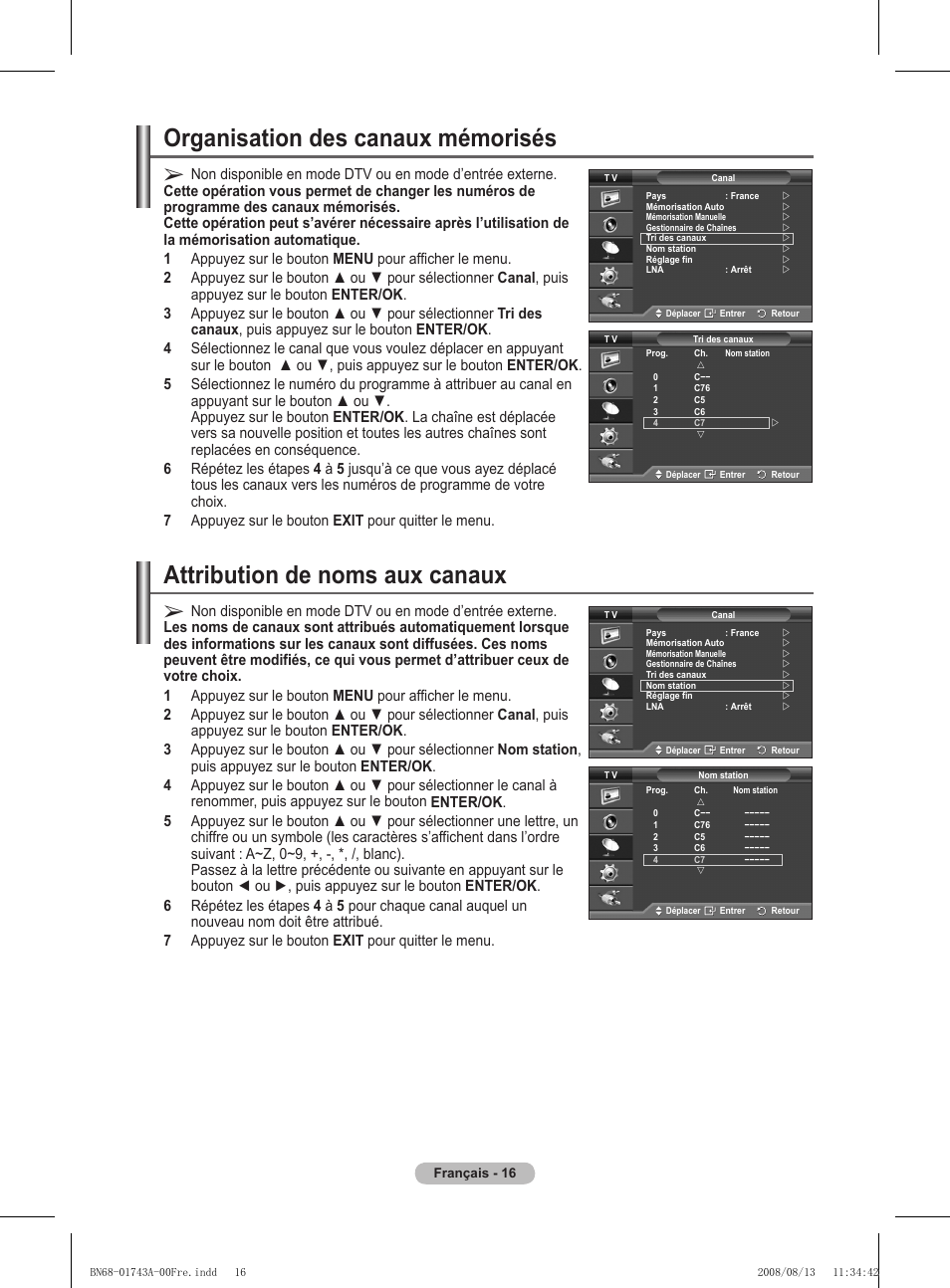 Organisation des canaux mémorisés, Attribution de noms aux canaux | Samsung PS50A417C2D User Manual | Page 78 / 477