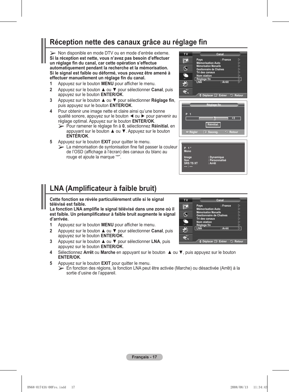Réception nette des canaux grâce au réglage fin, Lna (amplificateur à faible bruit) | Samsung PS50A417C2D User Manual | Page 79 / 477