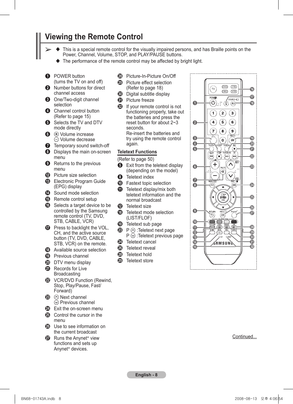 Viewing the remote control | Samsung PS50A417C2D User Manual | Page 8 / 477