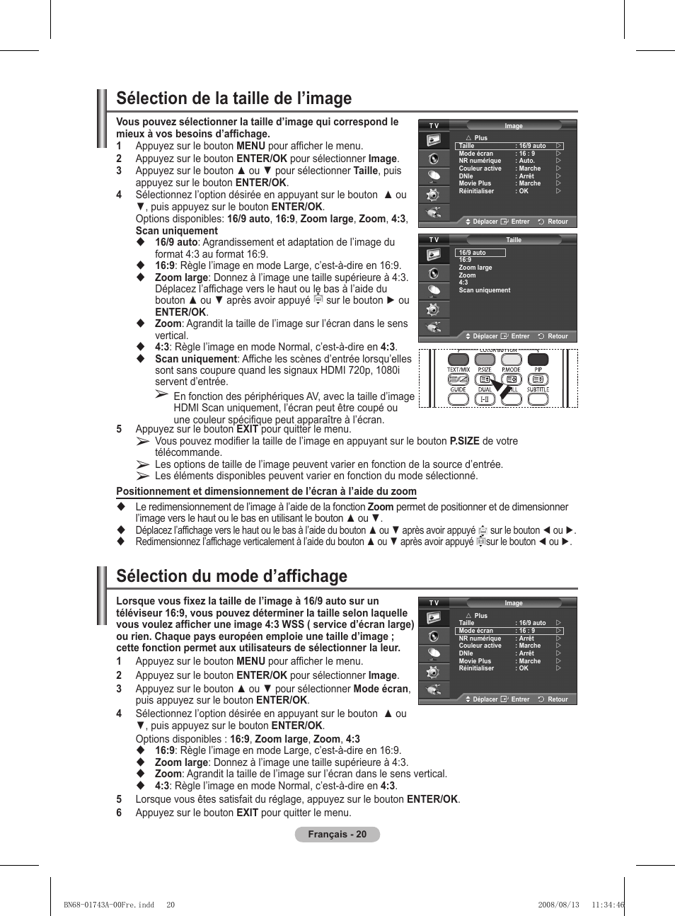 Sélection de la taille de l’image, Sélection du mode d’affichage | Samsung PS50A417C2D User Manual | Page 82 / 477