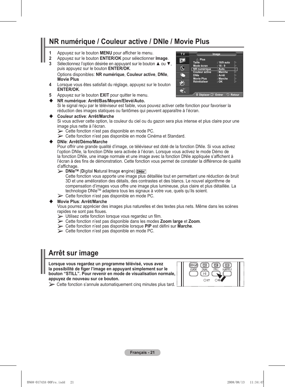 Nr numérique / couleur active / dnie / movie plus, Arrêt sur image | Samsung PS50A417C2D User Manual | Page 83 / 477