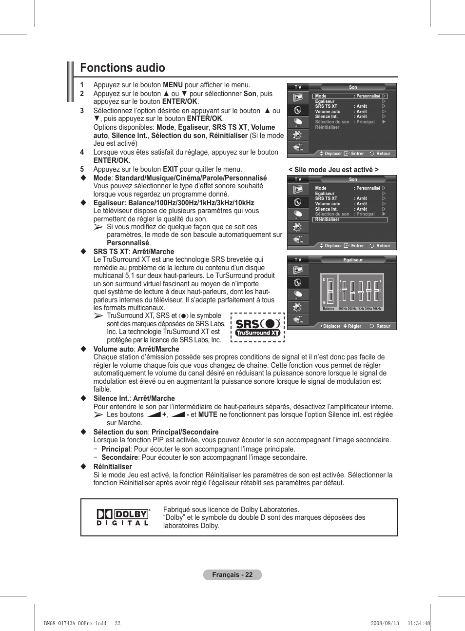 Fonctions audio | Samsung PS50A417C2D User Manual | Page 84 / 477