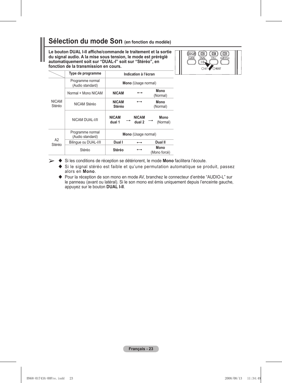 Sélection du mode son | Samsung PS50A417C2D User Manual | Page 85 / 477
