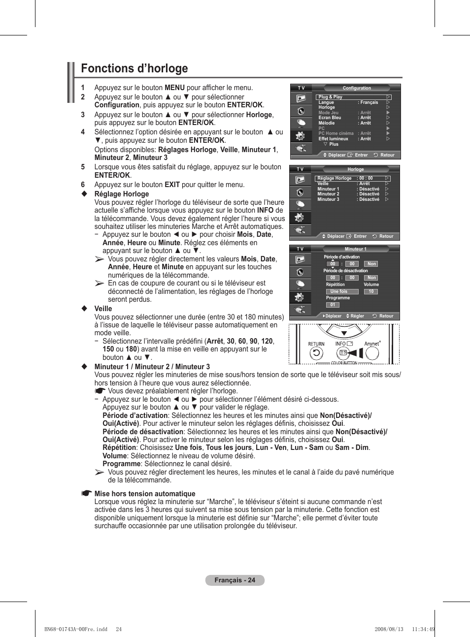 Fonctions d’horloge | Samsung PS50A417C2D User Manual | Page 86 / 477
