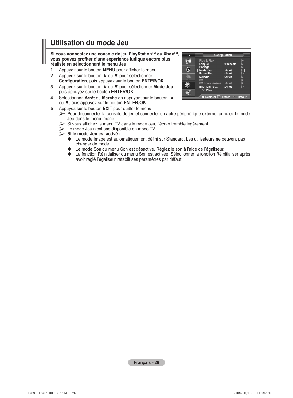 Utilisation du mode jeu | Samsung PS50A417C2D User Manual | Page 88 / 477