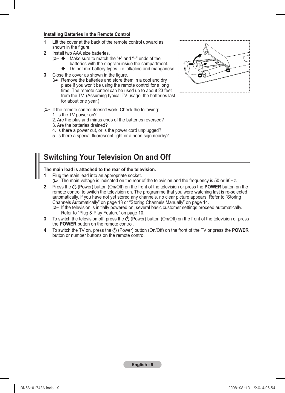 Switching your television on and off | Samsung PS50A417C2D User Manual | Page 9 / 477