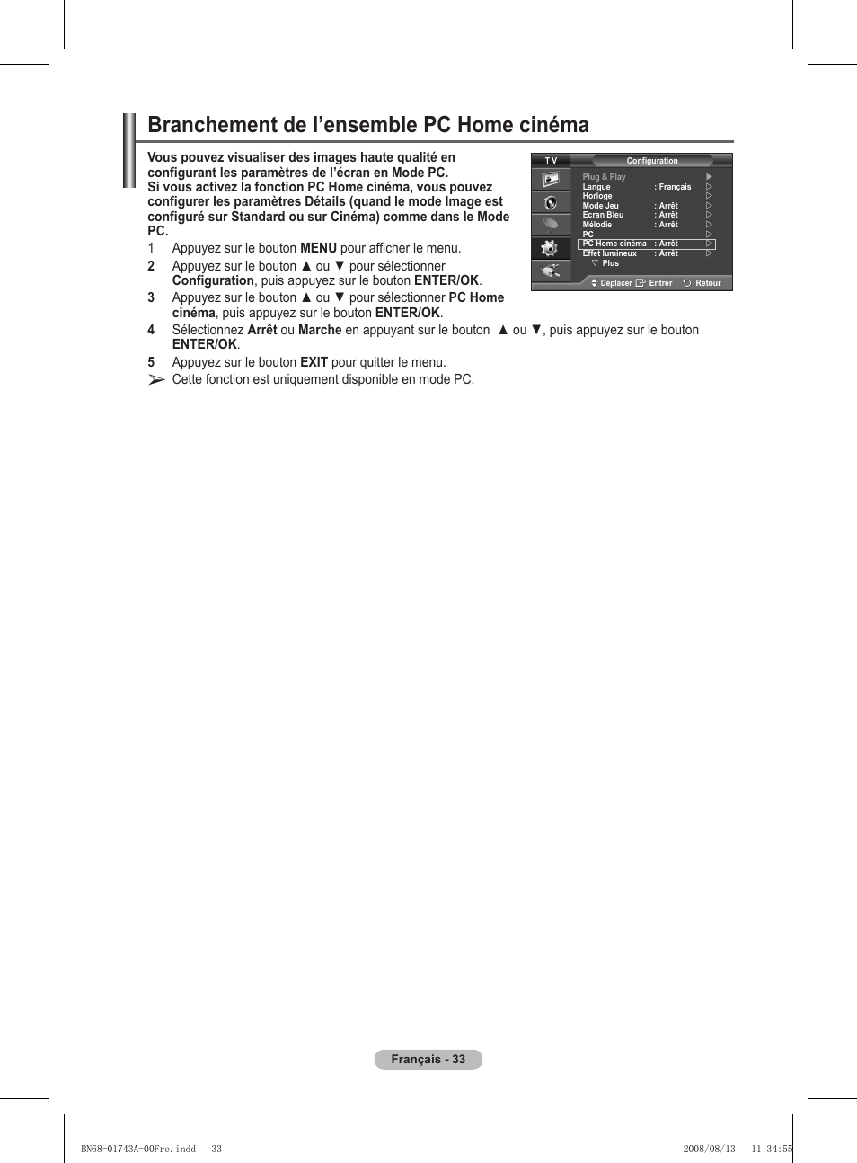 Branchement de l’ensemble pc home cinéma | Samsung PS50A417C2D User Manual | Page 95 / 477