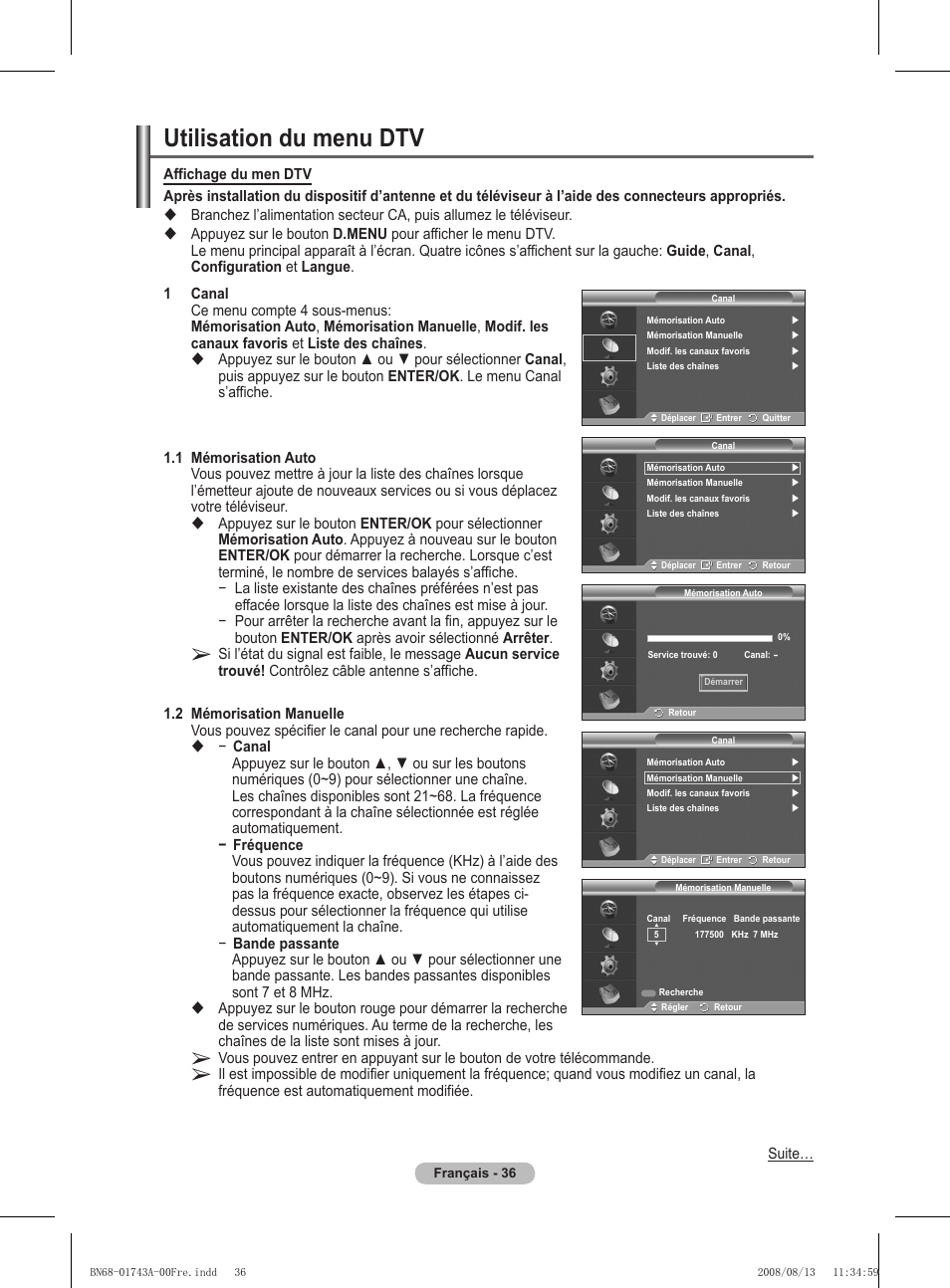 Utilisation du menu dtv | Samsung PS50A417C2D User Manual | Page 98 / 477