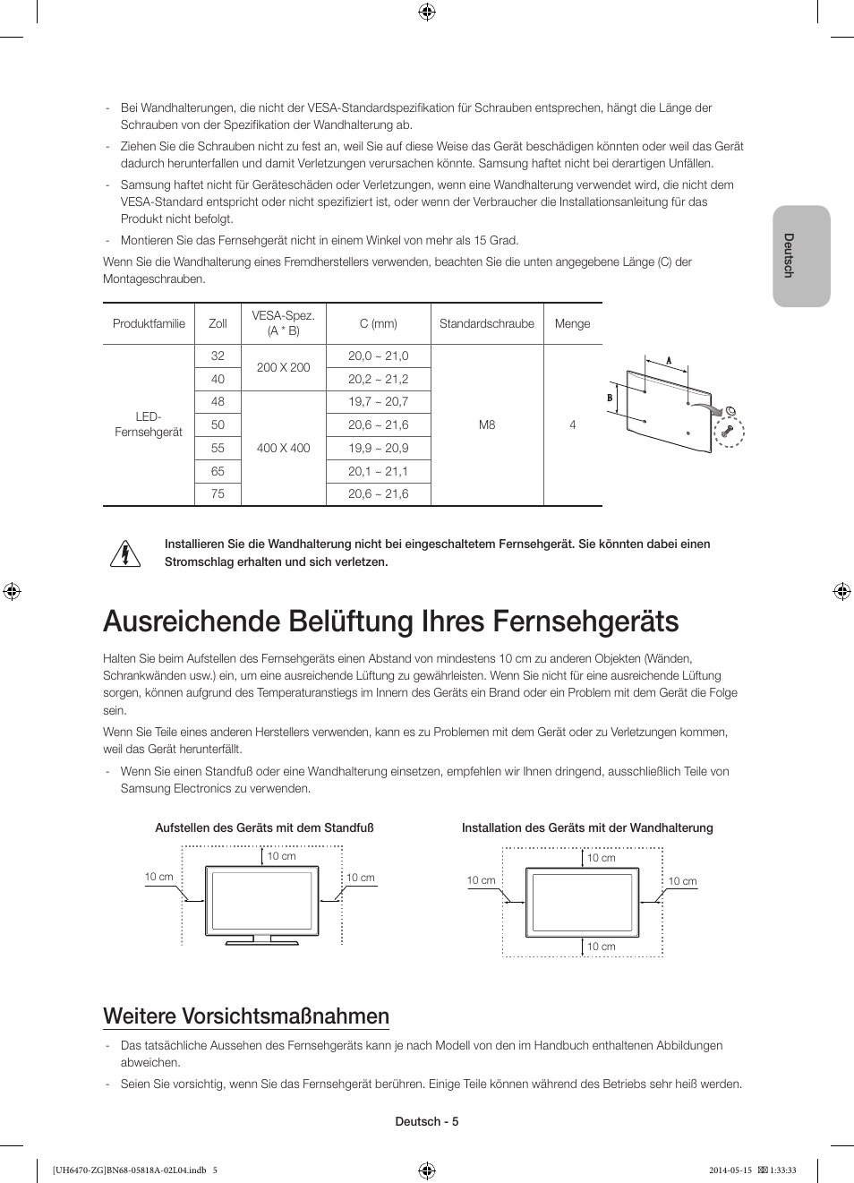 Ausreichende belüftung ihres fernsehgeräts, Weitere vorsichtsmaßnahmen | Samsung UE40H6470SS User Manual | Page 27 / 89