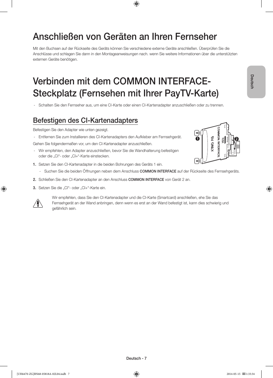 Anschließen von geräten an ihren fernseher, Befestigen des ci-kartenadapters | Samsung UE40H6470SS User Manual | Page 29 / 89