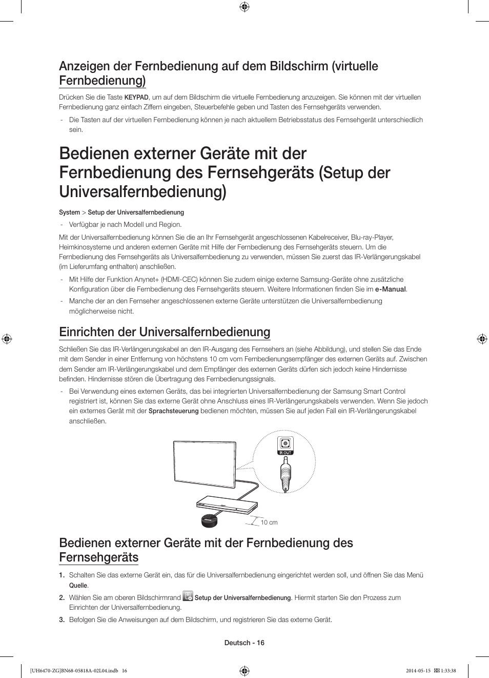 Setup der universalfernbedienung, Einrichten der universalfernbedienung | Samsung UE40H6470SS User Manual | Page 38 / 89