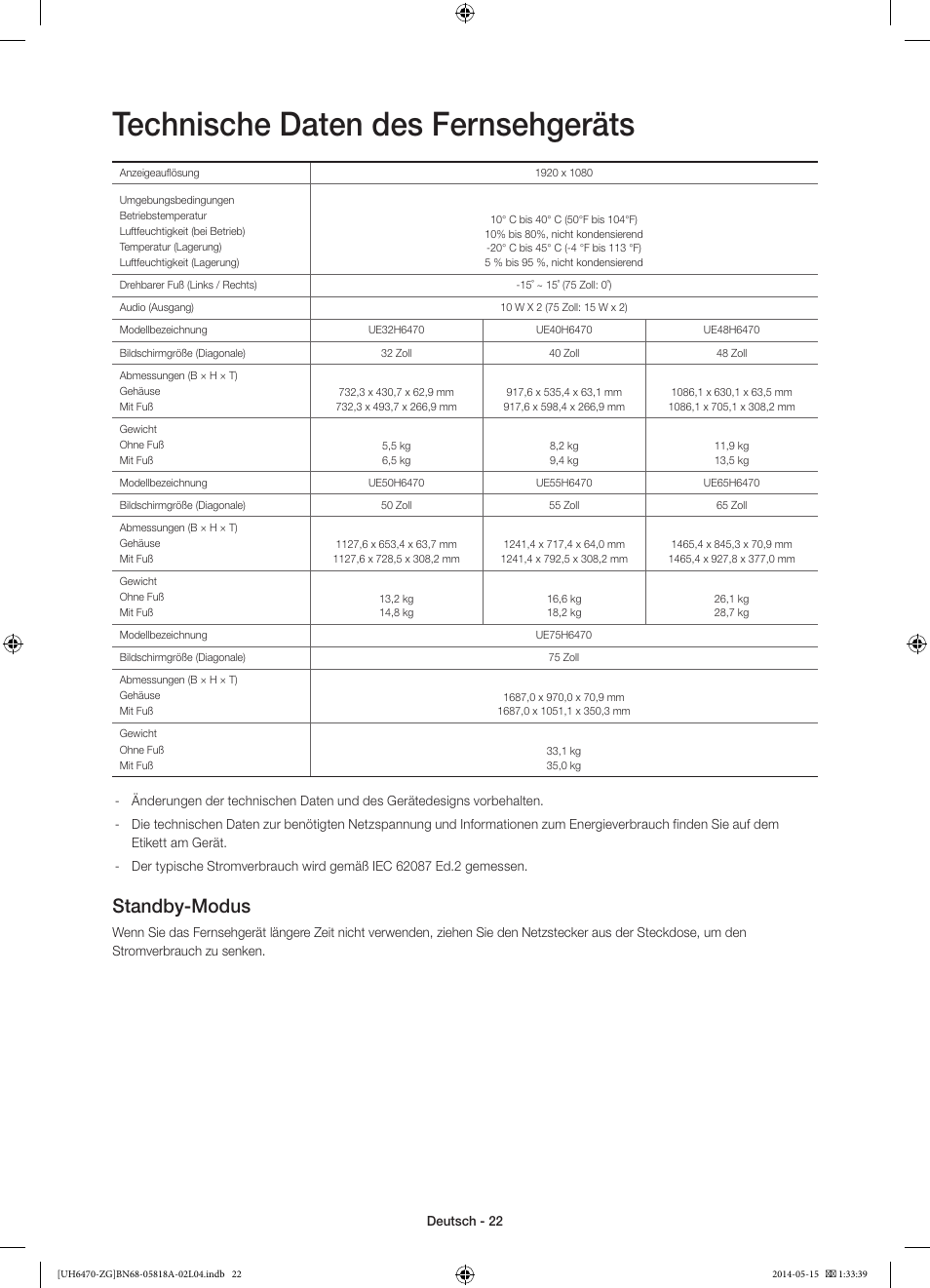 Technische daten des fernsehgeräts, Standby-modus | Samsung UE40H6470SS User Manual | Page 44 / 89