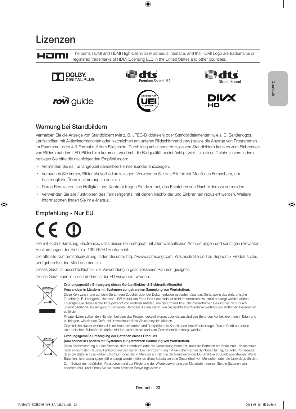 Lizenzen, Warnung bei standbildern, Empfehlung - nur eu | Samsung UE40H6470SS User Manual | Page 45 / 89