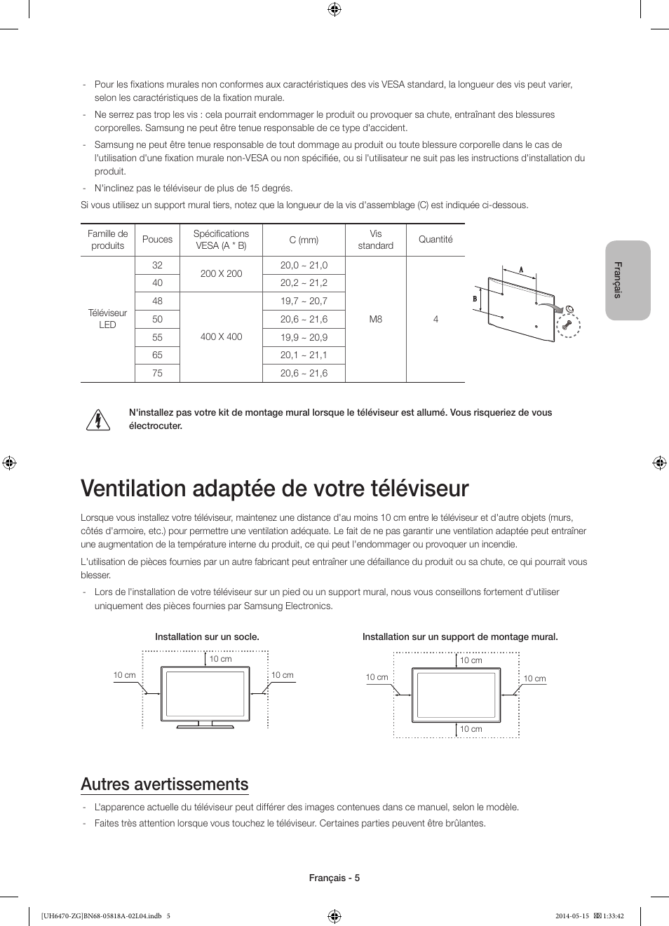 Ventilation adaptée de votre téléviseur, Autres avertissements | Samsung UE40H6470SS User Manual | Page 49 / 89