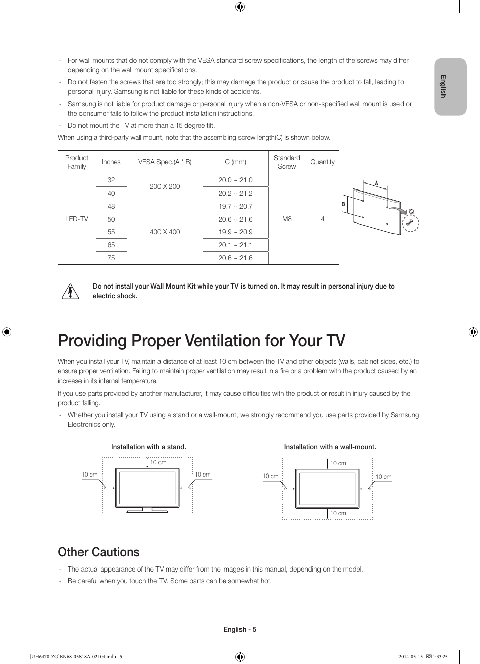 Providing proper ventilation for your tv, Other cautions | Samsung UE40H6470SS User Manual | Page 5 / 89