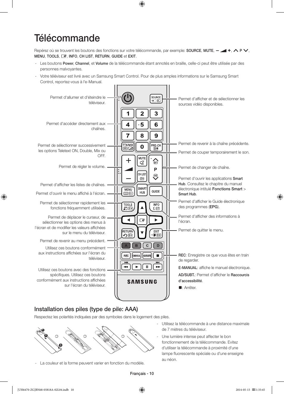 Télécommande, Installation des piles (type de pile: aaa) | Samsung UE40H6470SS User Manual | Page 54 / 89
