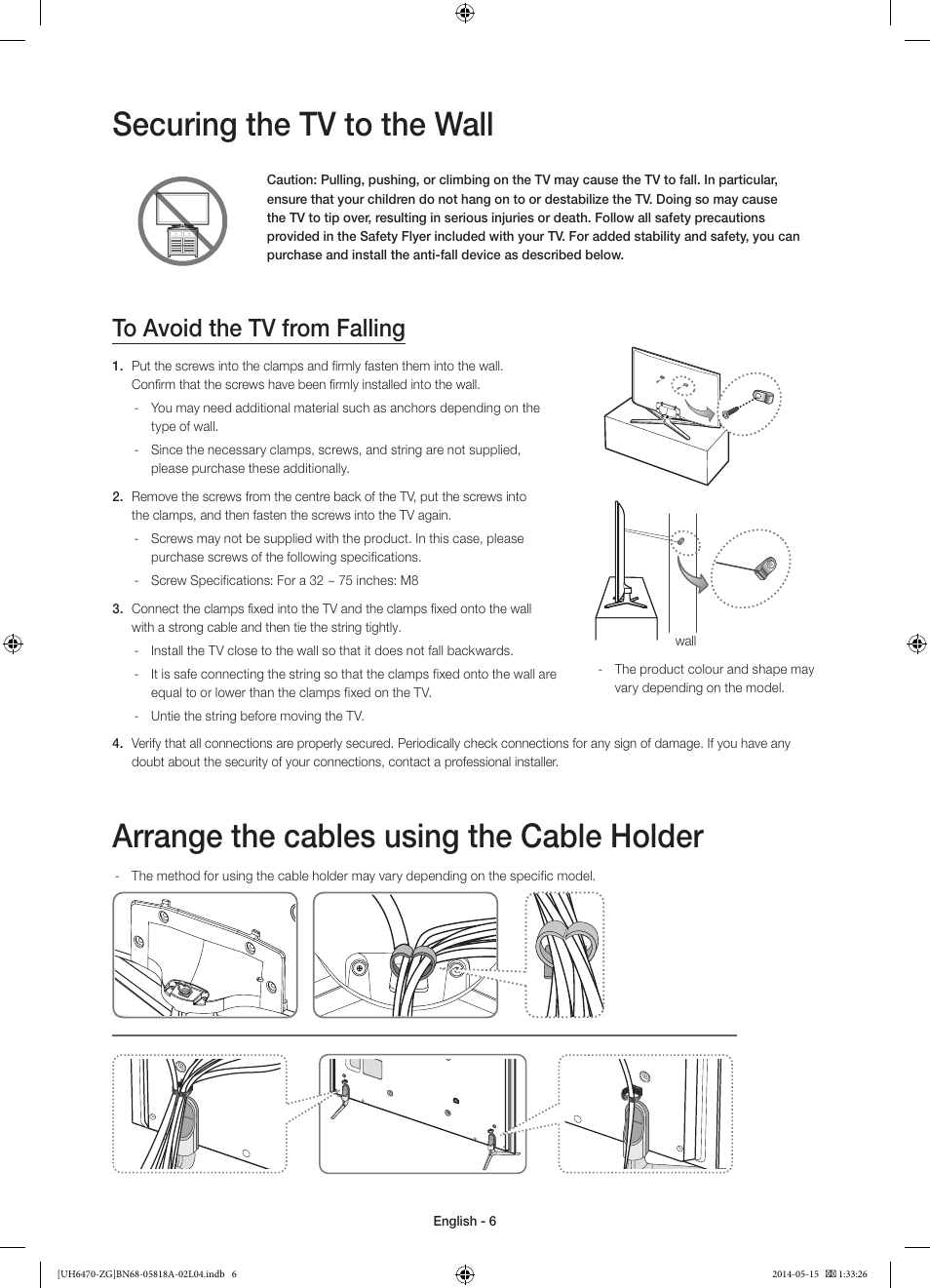 Securing the tv to the wall, Arrange the cables using the cable holder | Samsung UE40H6470SS User Manual | Page 6 / 89