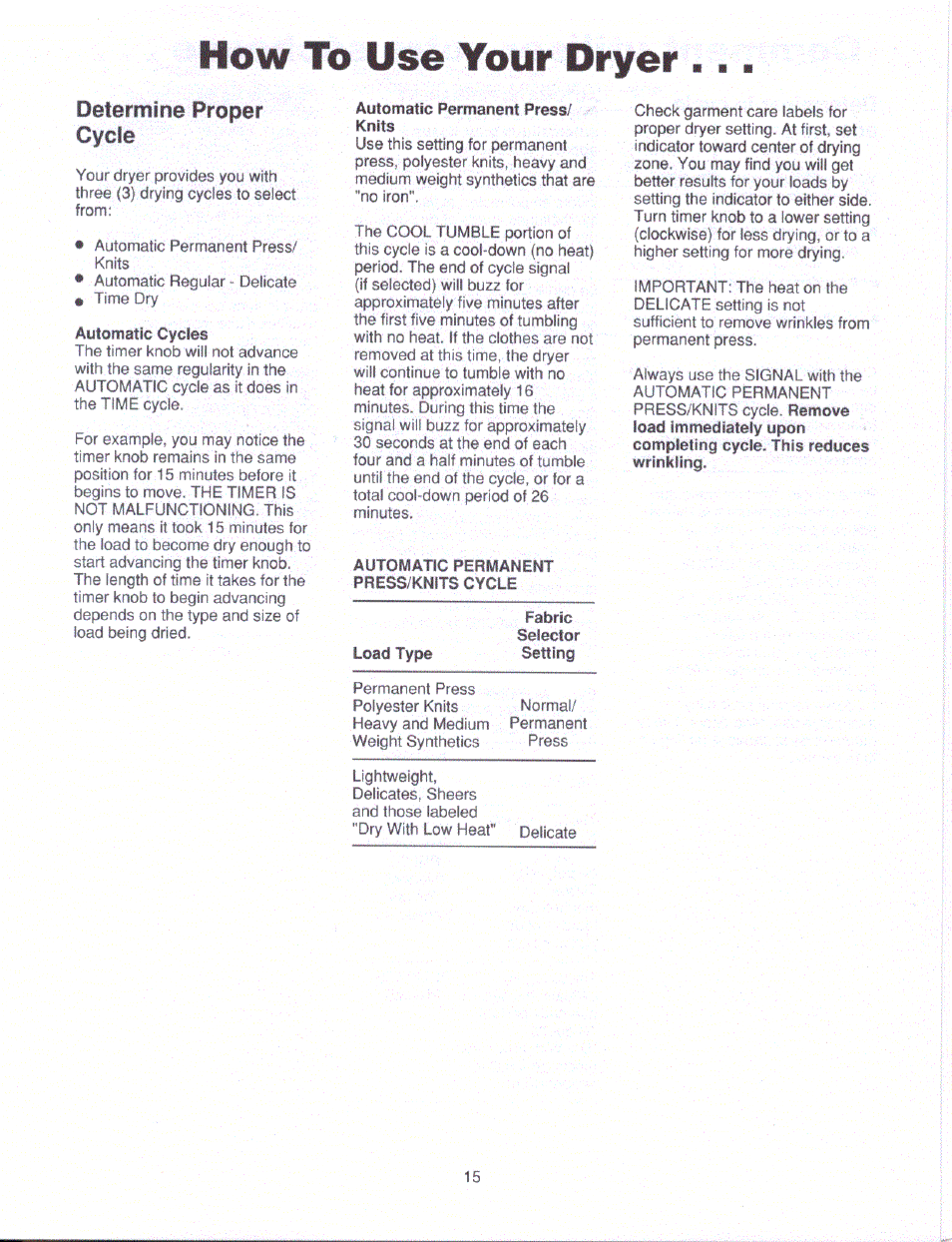 How to use your dryer, Determine proper cycle | Amana CE3402 User Manual | Page 2 / 6