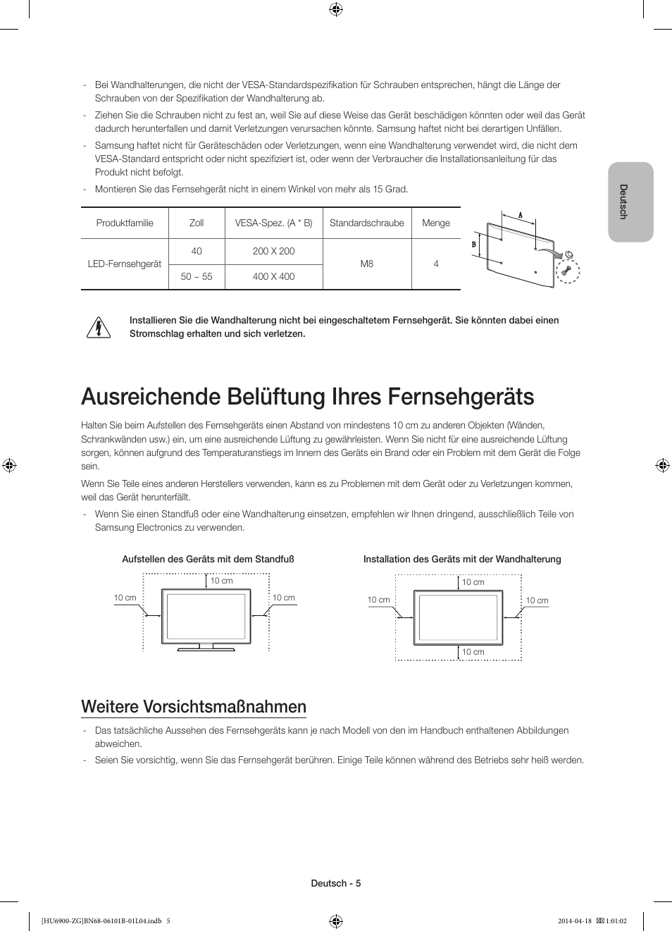 Ausreichende belüftung ihres fernsehgeräts, Weitere vorsichtsmaßnahmen | Samsung UE55HU6900S User Manual | Page 29 / 97