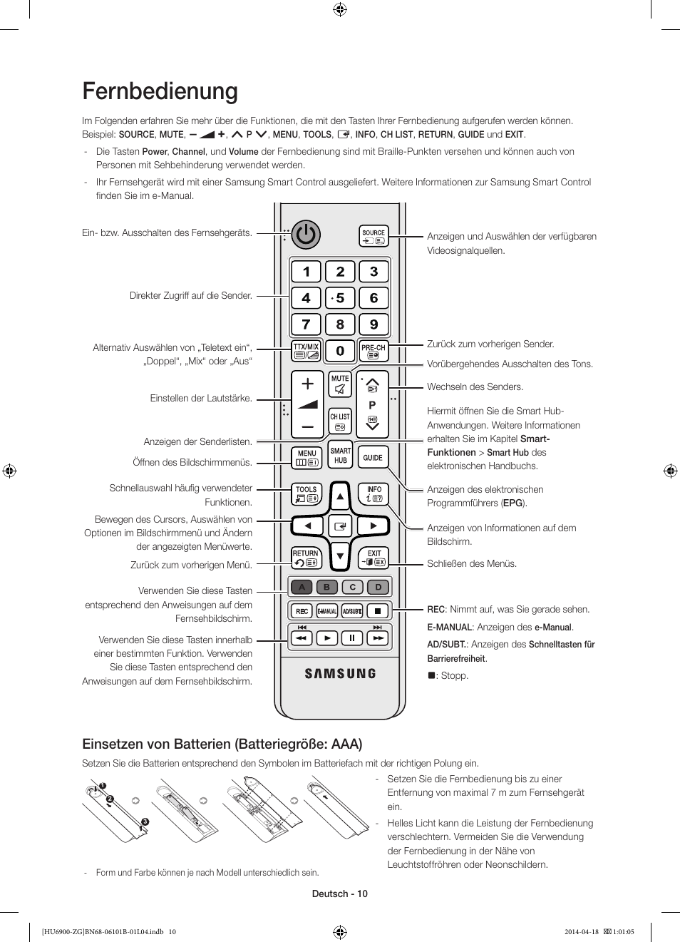 Fernbedienung, Einsetzen von batterien (batteriegröße: aaa) | Samsung UE55HU6900S User Manual | Page 34 / 97