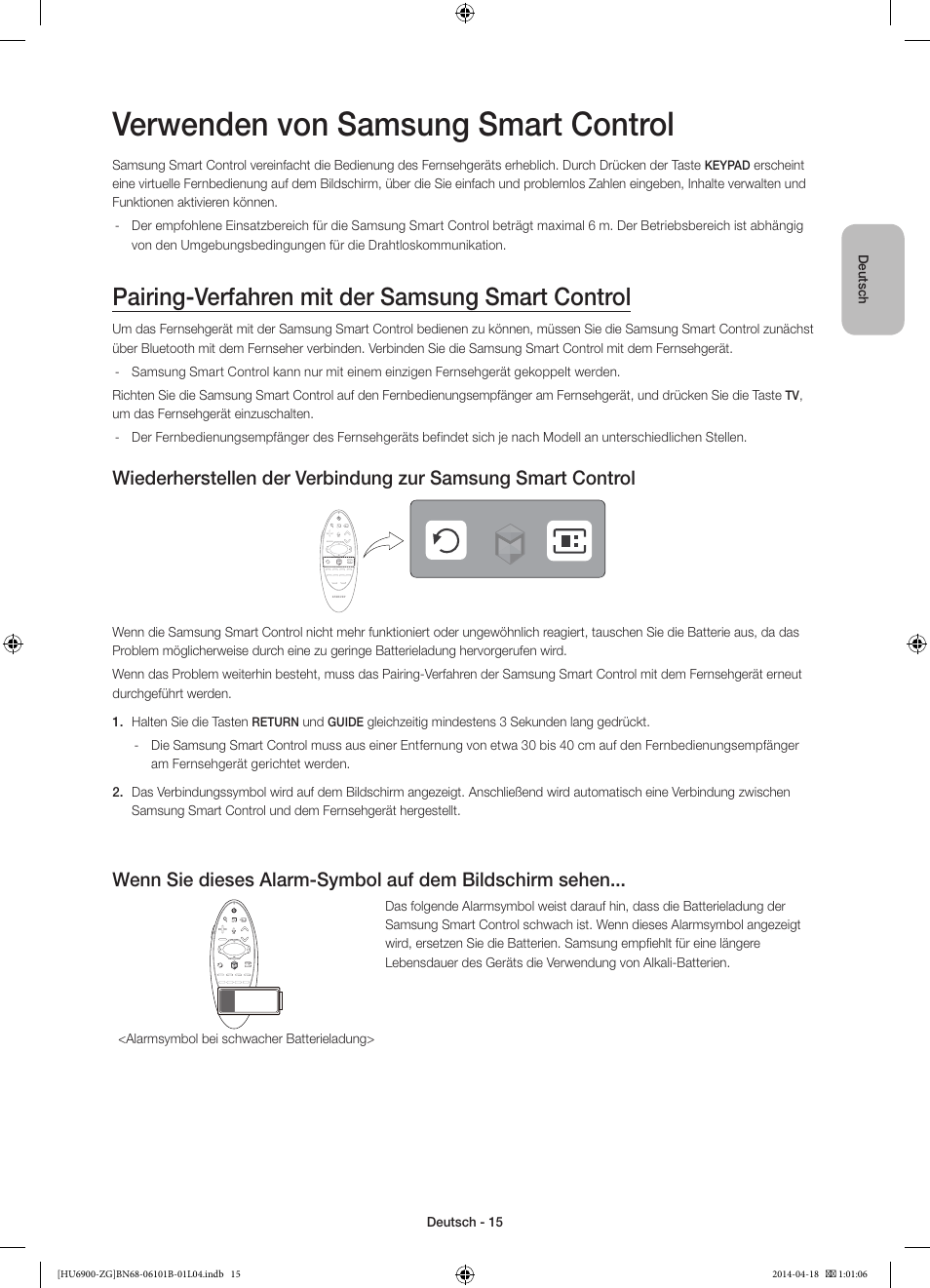 Verwenden von samsung smart control, Pairing-verfahren mit der samsung smart control | Samsung UE55HU6900S User Manual | Page 39 / 97