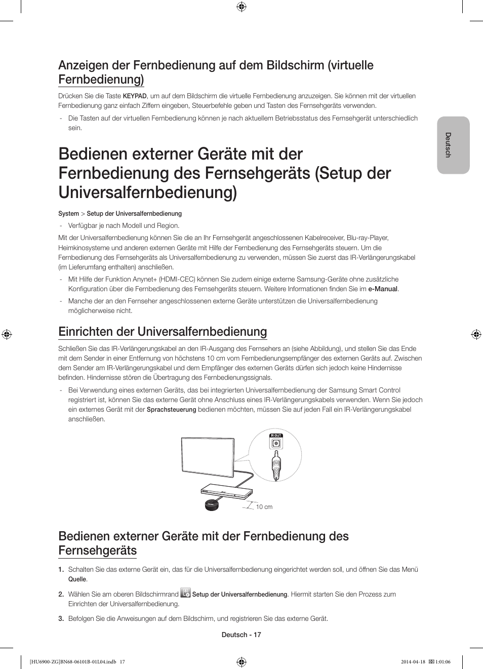 Einrichten der universalfernbedienung | Samsung UE55HU6900S User Manual | Page 41 / 97