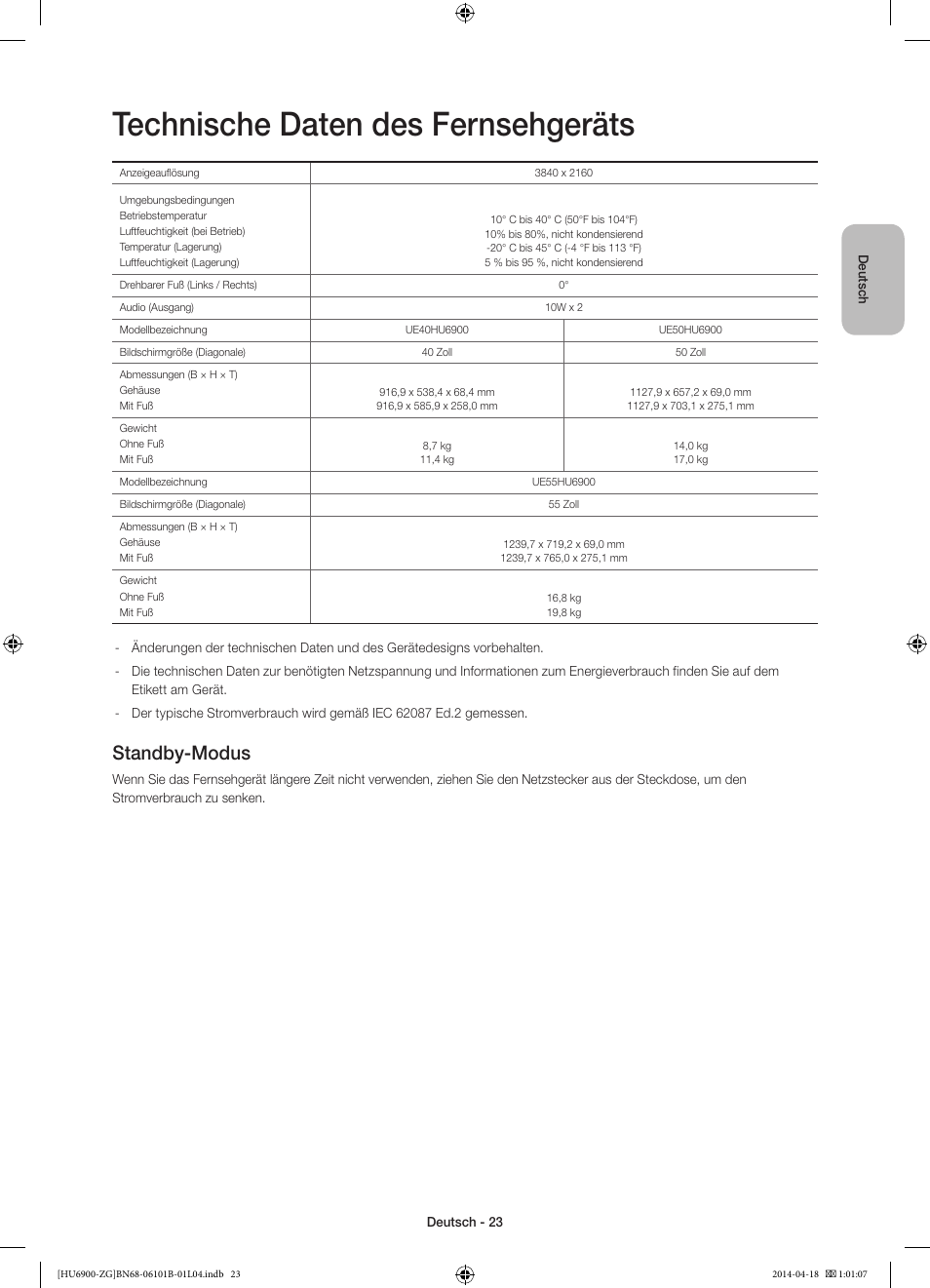 Technische daten des fernsehgeräts, Standby-modus | Samsung UE55HU6900S User Manual | Page 47 / 97