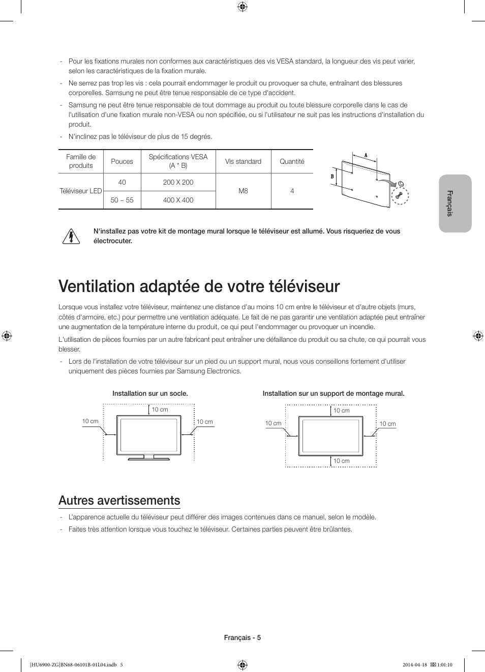 Ventilation adaptée de votre téléviseur, Autres avertissements | Samsung UE55HU6900S User Manual | Page 53 / 97