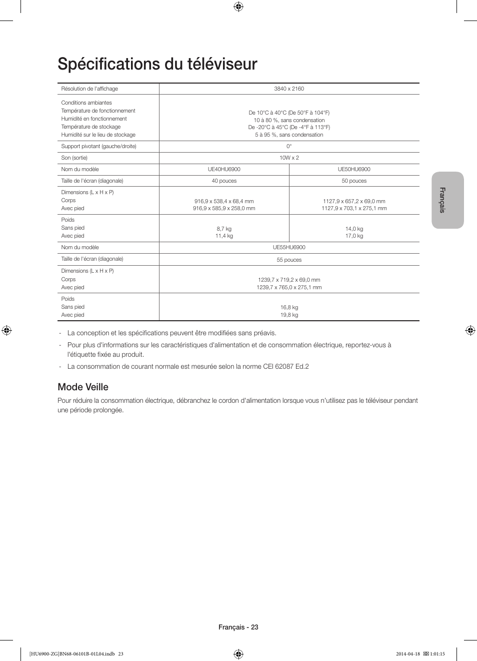 Spécifications du téléviseur, Mode veille | Samsung UE55HU6900S User Manual | Page 71 / 97