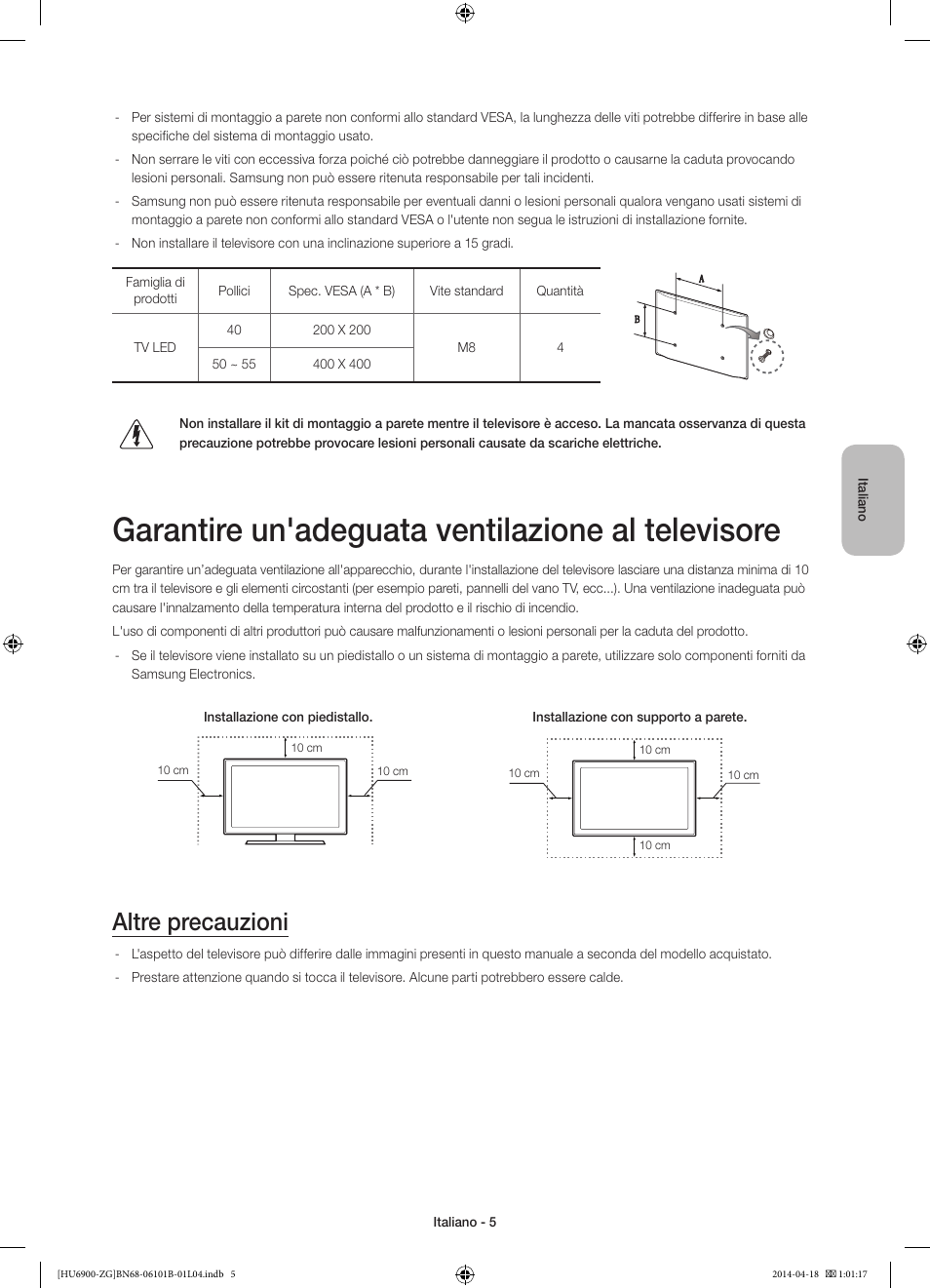 Garantire un'adeguata ventilazione al televisore, Altre precauzioni | Samsung UE55HU6900S User Manual | Page 77 / 97