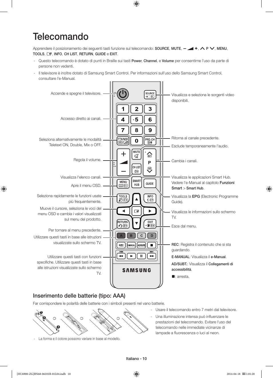 Telecomando, Inserimento delle batterie (tipo: aaa) | Samsung UE55HU6900S User Manual | Page 82 / 97