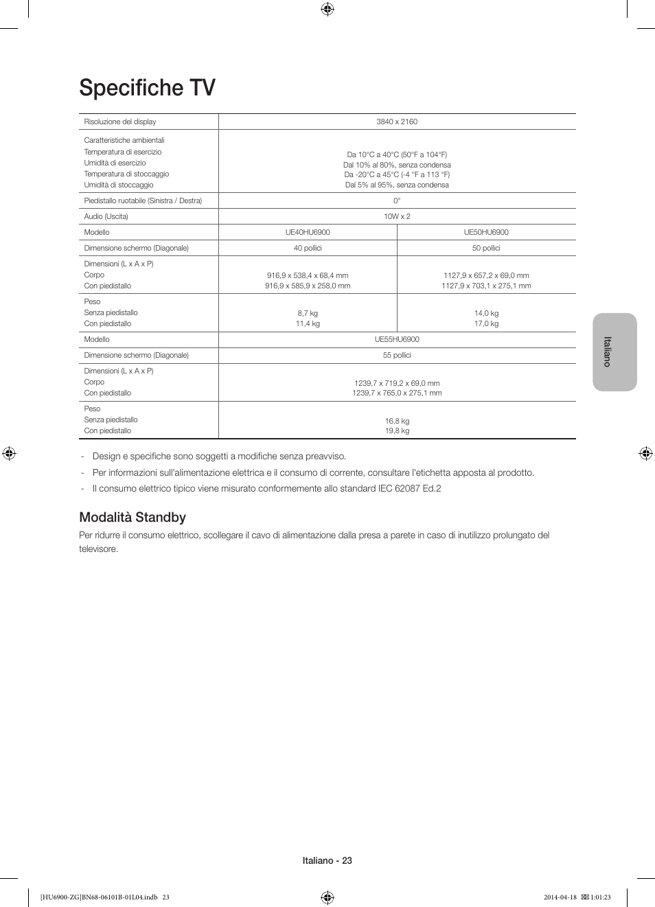 Specifiche tv, Modalità standby | Samsung UE55HU6900S User Manual | Page 95 / 97