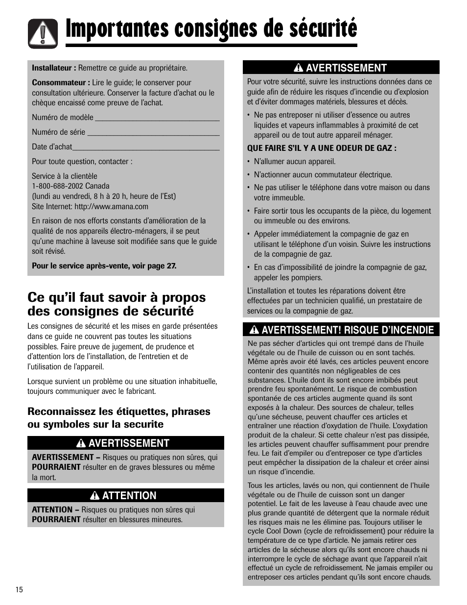 Importantes consignes de sécurité | Amana ND-1 User Manual | Page 16 / 44