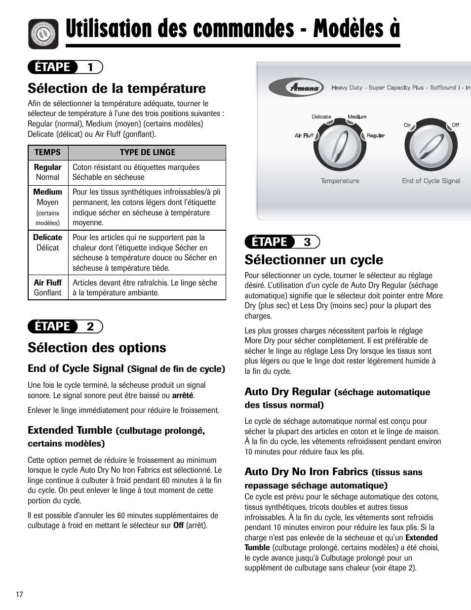 Utilisation des commandes - modèles а, Sélection de la température, Sélection des options | Sélectionner un cycle, Étape 2 étape 1 étape 3 | Amana ND-1 User Manual | Page 18 / 44