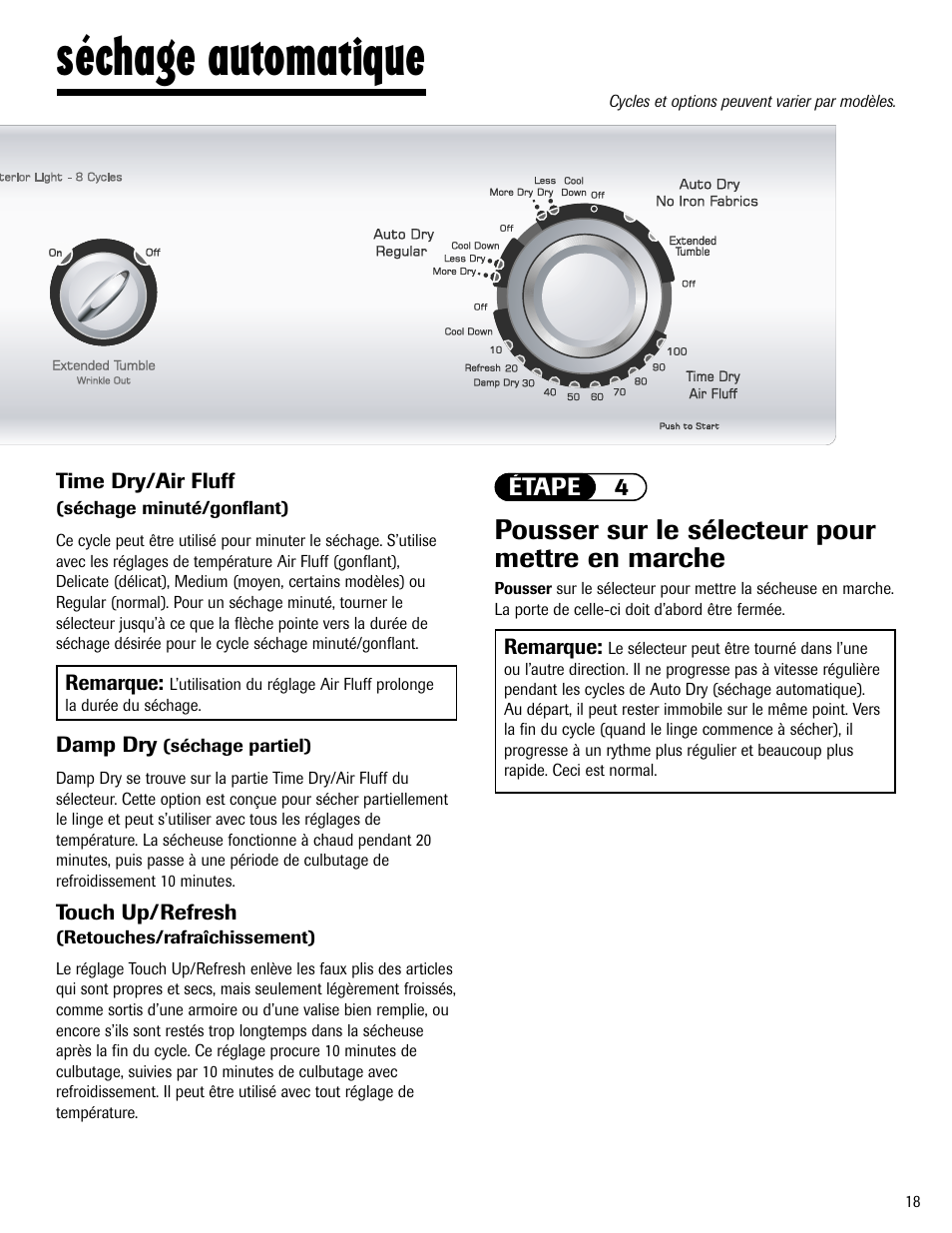 Séchage automatique, Pousser sur le sélecteur pour mettre en marche | Amana ND-1 User Manual | Page 19 / 44