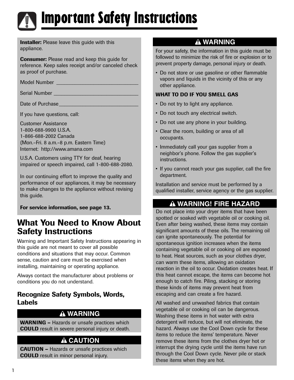 Important safety instructions, What you need to know about safety instructions | Amana ND-1 User Manual | Page 2 / 44
