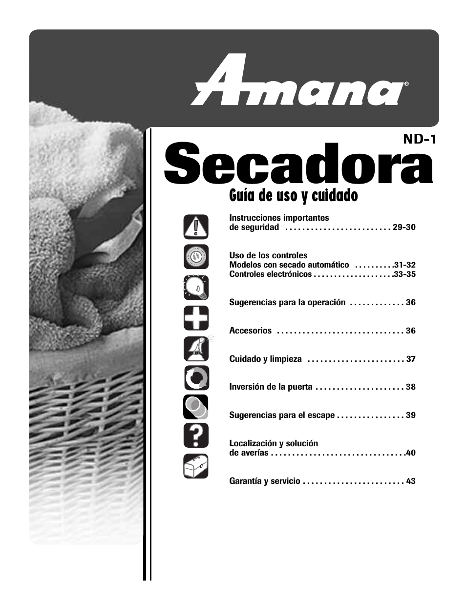 Secadora, Guía de uso y cuidado | Amana ND-1 User Manual | Page 29 / 44