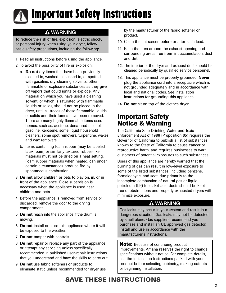 Important safety instructions, Important safety notice & warning, Save these instructions | Amana ND-1 User Manual | Page 3 / 44