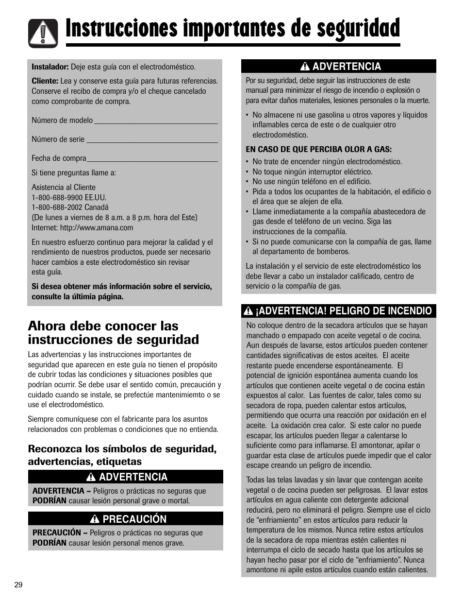 Instrucciones importantes de seguridad, Ahora debe conocer las instrucciones de seguridad | Amana ND-1 User Manual | Page 30 / 44