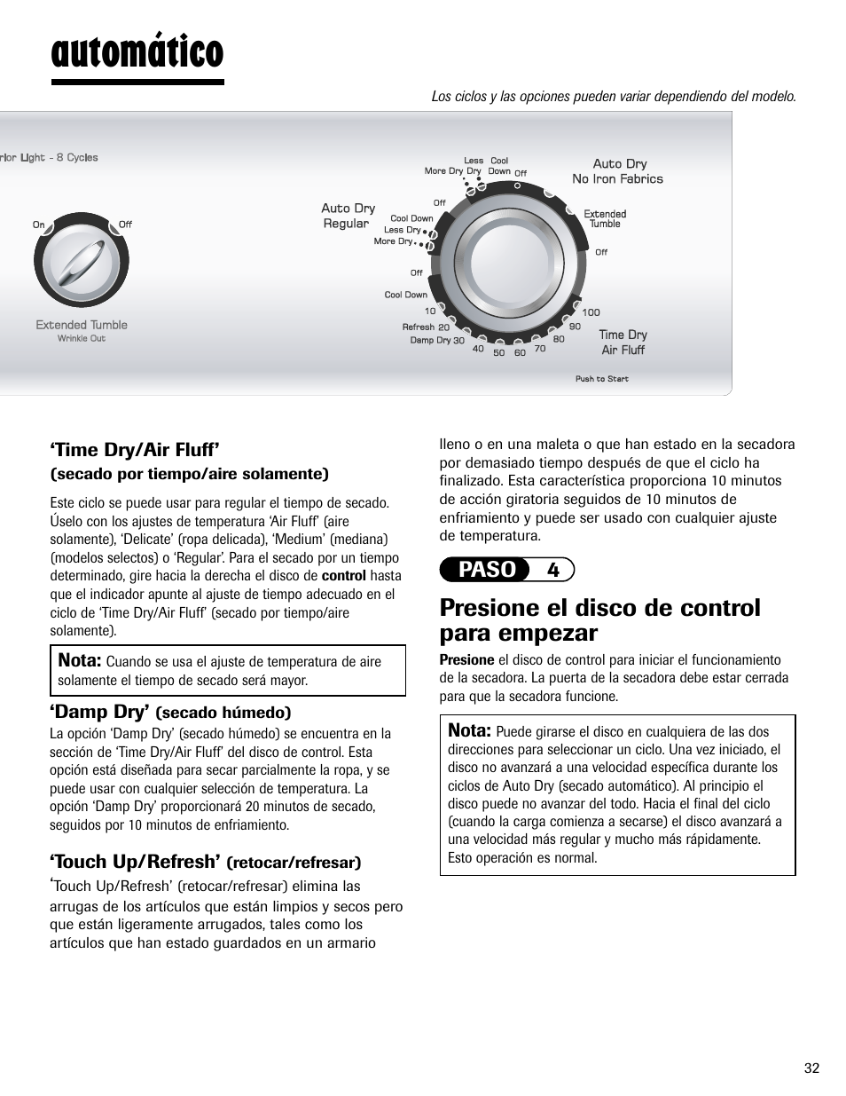 Automático, Presione el disco de control para empezar | Amana ND-1 User Manual | Page 33 / 44