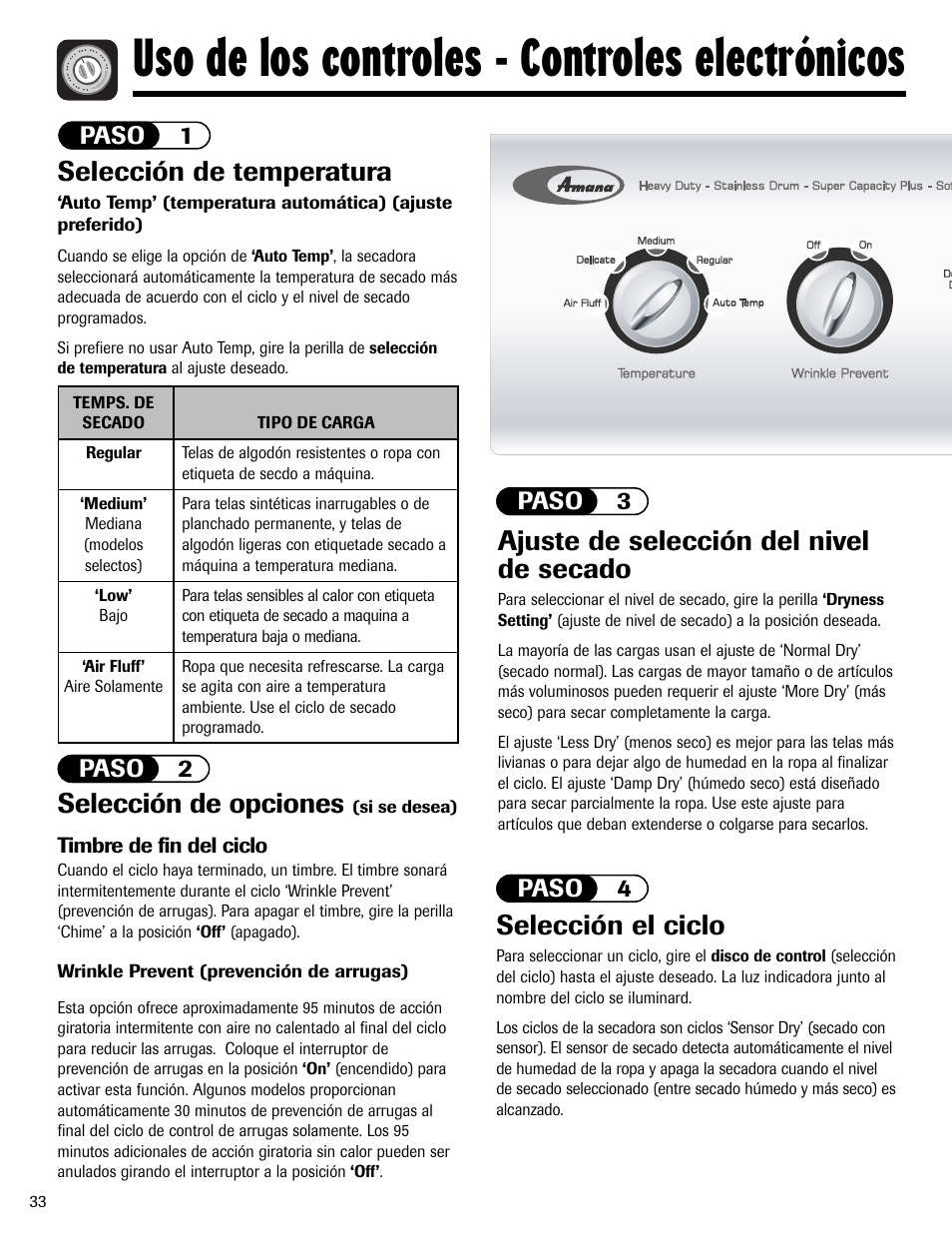 Uso de los controles - controles electrónicos, Ajuste de selección del nivel de secado, Selección de temperatura | Selección el ciclo, Selección de opciones, Paso 1 paso 2, Paso 3 paso 4 | Amana ND-1 User Manual | Page 34 / 44